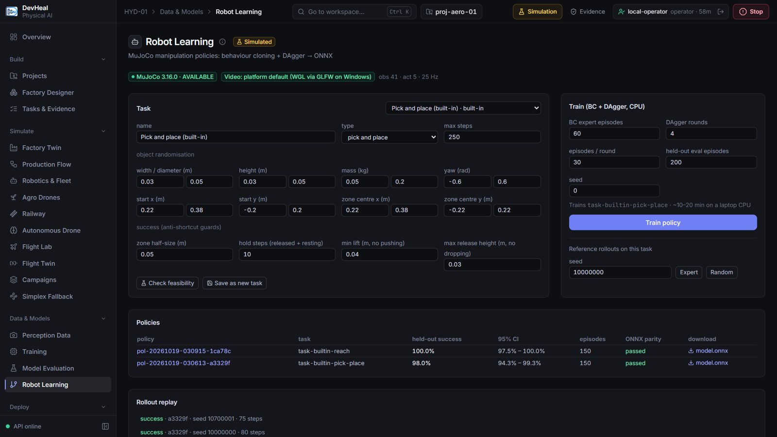 Robot learning console with task and policy controls